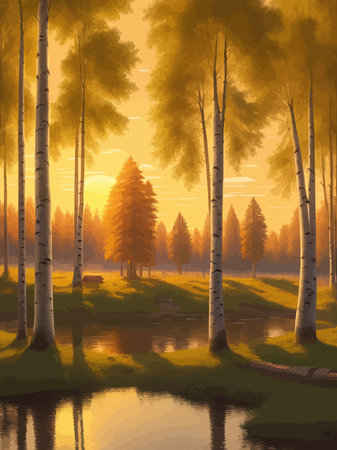 Vector illustration Autumn landscape golden alley park -modern art impressionism abstract landscape, Russian ruralのイラスト素材