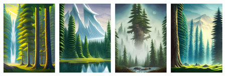 Landscape in scandinavian arctic forest, pine trees and snowy sunset, matte painting vector illustrationの写真素材