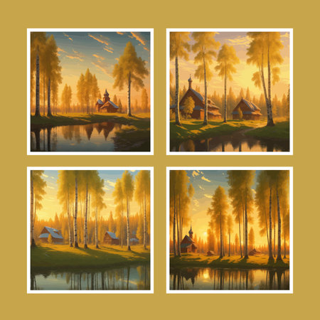 Vector illustration Autumn landscape golden alley park of birches near a pond , contemporary art impressionism abstractの写真素材