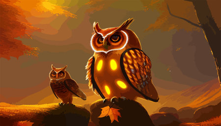 Owl. Realistic bird on dark moon forest background. Dark night background. autumn fairy tale art. Fashion templateのイラスト素材