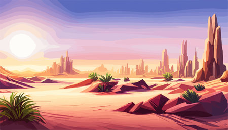 Desert background Summer with sun, sand, clouds, palms Trees Vector design style Nature Landscape.のイラスト素材