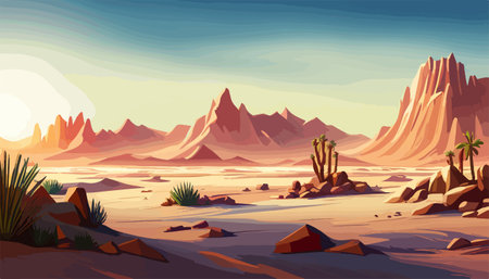 Desert background Summer with sun, sand, clouds, palms Trees Vector design style Nature Landscape.のイラスト素材