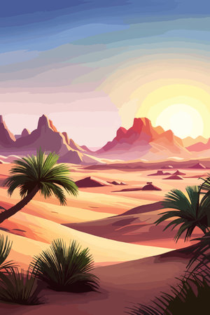 Desert background Summer with sun, sand, clouds, palms Trees Vector design style Nature Landscape.のイラスト素材