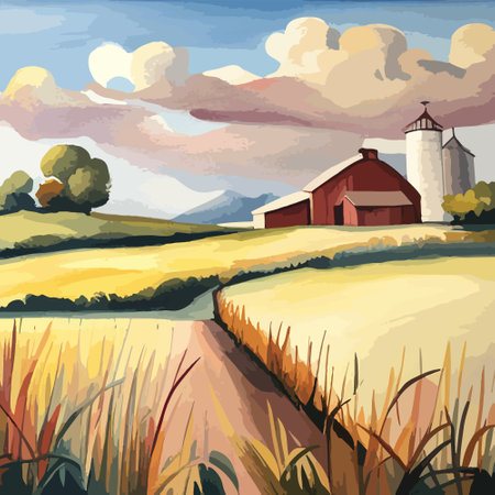 Farm on a hill with yellow or golden wheat field in a watercolor style, agriculture, cultivation, countryside, fieldのイラスト素材