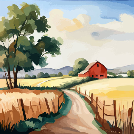 Farm on a hill with yellow or golden wheat field in a watercolor style, agriculture, cultivation, countryside, fieldのイラスト素材