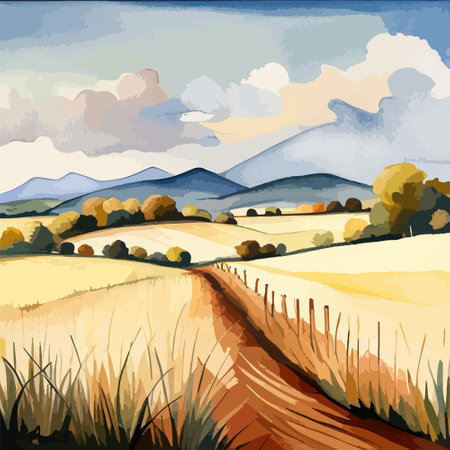 Farm on a hill with yellow or golden wheat field in a watercolor style, agriculture, cultivation, countryside, fieldのイラスト素材