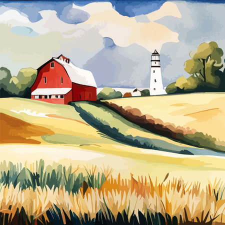 Farm on a hill with yellow or golden wheat field in a watercolor style, agriculture, cultivation, countryside, fieldのイラスト素材