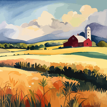 Farm on a hill with yellow or golden wheat field in a watercolor style, agriculture, cultivation, countryside, fieldのイラスト素材