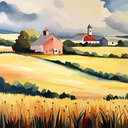 Farm on a hill with yellow or golden wheat field in a watercolor style, agriculture, cultivation, countryside, fieldのイラスト素材