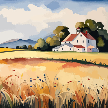 Farm on a hill with yellow or golden wheat field in a watercolor style, agriculture, cultivation, countryside, fieldのイラスト素材