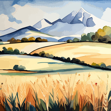 Farm on a hill with yellow or golden wheat field in a watercolor style, agriculture, cultivation, countryside, fieldのイラスト素材