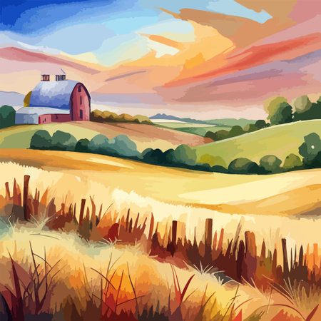 Farm on a hill with yellow or golden wheat field in a watercolor style, agriculture, cultivation, countryside, fieldのイラスト素材