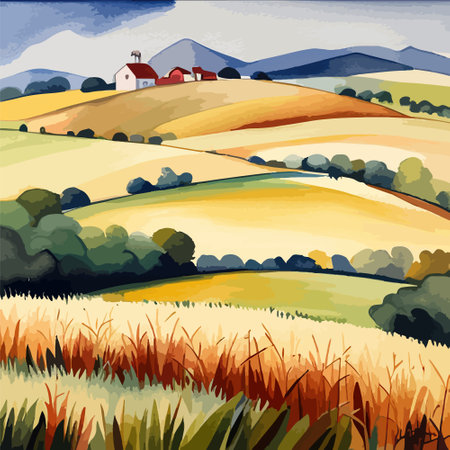 Farm on a hill with yellow or golden wheat field in a watercolor style, agriculture, cultivation, countryside, fieldのイラスト素材
