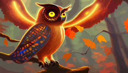 Owl. Realistic bird on dark moon forest background. Dark night background. autumn fairy tale art. Fashion templateのイラスト素材