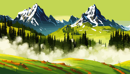 Beautiful fantasy landscape field full of spring, with color, background vector illustration. flowers against backdropのイラスト素材