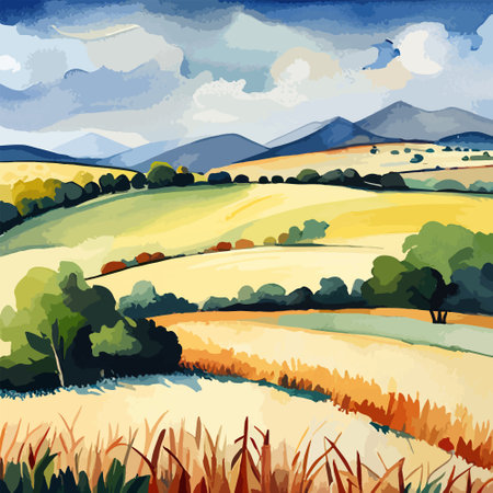 Farm on a hill with yellow or golden wheat field in a watercolor style, agriculture, cultivation, countryside, fieldのイラスト素材