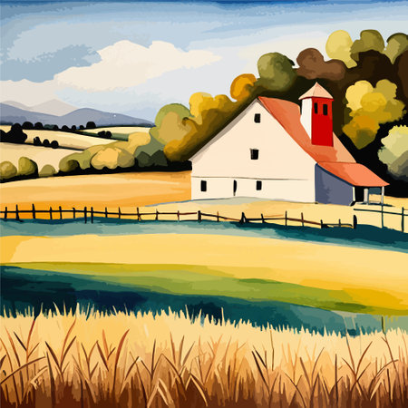 Farm on a hill with yellow or golden wheat field in a watercolor style, agriculture, cultivation, countryside, fieldのイラスト素材