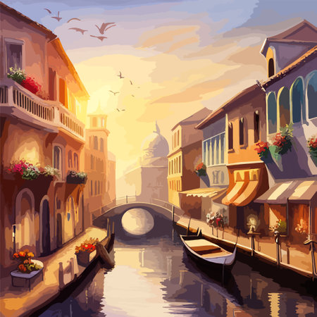 Old town street with water channel Stray vinice background, city landscape view, watercolor drawing, Vector illustration.のイラスト素材
