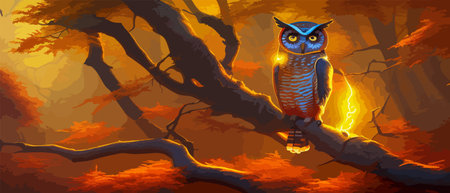 Owl. Realistic bird on dark moon forest background. Dark night background. autumn fairy tale art. Fashion templateのイラスト素材