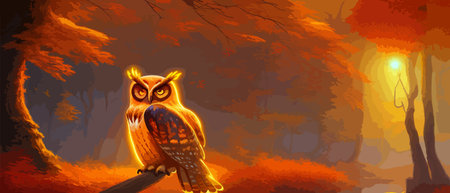 Owl. Realistic bird on dark moon forest background. Dark night background. autumn fairy tale art. Fashion templateのイラスト素材