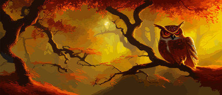 Owl. Realistic bird on dark moon forest background. Dark night background. autumn fairy tale art. Fashion templateのイラスト素材