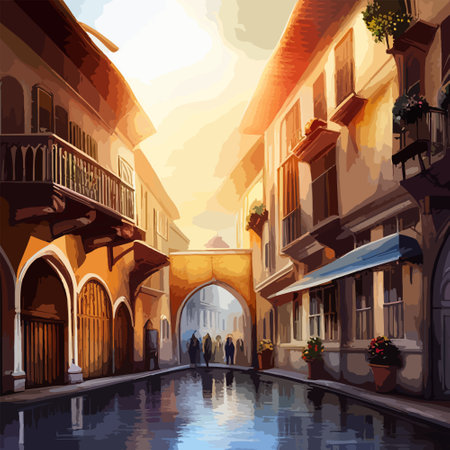 Old town street with water channel Stray vinice background, city landscape view, watercolor drawing, Vector illustration.のイラスト素材
