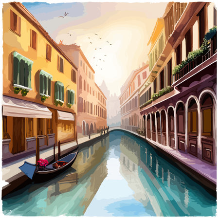 Old town street with water channel Stray vinice background, city landscape view, watercolor drawing, Vector illustration.のイラスト素材