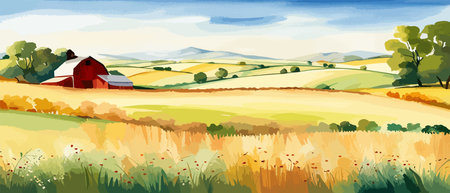 Farm on a hill with yellow or golden wheat field in a watercolor style, agriculture, cultivation, countryside, fieldのイラスト素材