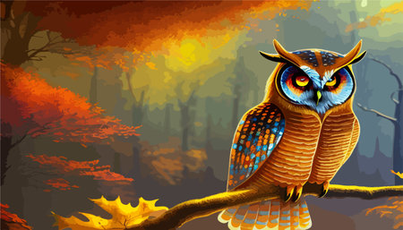 Owl. Realistic bird on dark moon forest background. Dark night background. autumn fairy tale art. Fashion templateのイラスト素材
