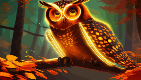 Owl. Realistic bird on dark moon forest background. Dark night background. autumn fairy tale art. Fashion templateのイラスト素材