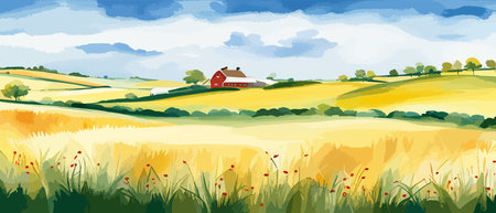 Farm on a hill with yellow or golden wheat field in a watercolor style, agriculture, cultivation, countryside, fieldのイラスト素材