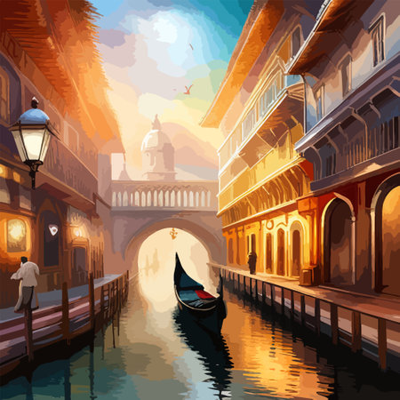Old town street with water channel Stray vinice background, city landscape view, watercolor drawing, Vector illustration.のイラスト素材