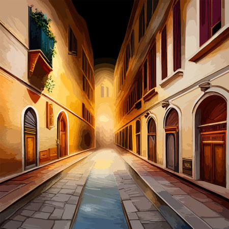 Old town street with water channel Stray vinice background, city landscape view, watercolor drawing, Vector illustration.のイラスト素材