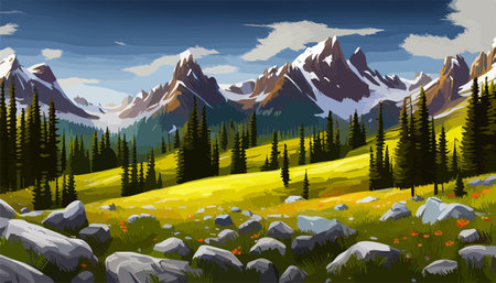 Beautiful fantasy landscape field full of spring, with color, background vector illustration. flowers against backdropのイラスト素材
