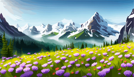 Beautiful fantasy landscape field full of spring, with color, background vector illustration. flowers against backdropのイラスト素材