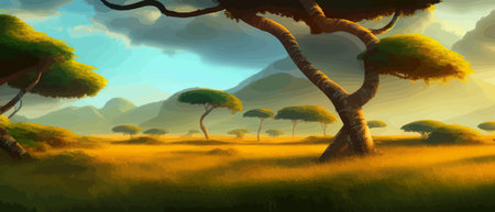 African rainforest. African jungle rainforest panorama with tropical vegetation, exotic fantasy landscape banner vectorのイラスト素材
