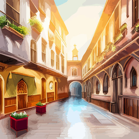 Old town street with water channel Stray vinice background, city landscape view, watercolor drawing, Vector illustration.のイラスト素材