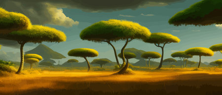 African rainforest. African jungle rainforest panorama with tropical vegetation, exotic fantasy landscape banner vectorのイラスト素材