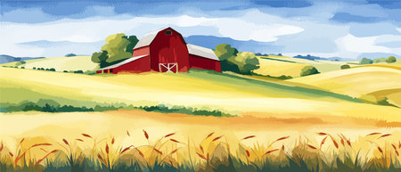 Farm on a hill with yellow or golden wheat field in a watercolor style, agriculture, cultivation, countryside, fieldのイラスト素材