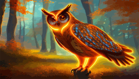 Owl. Realistic bird on dark moon forest background. Dark night background. autumn fairy tale art. Fashion templateのイラスト素材