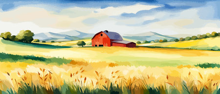 Farm on a hill with yellow or golden wheat field in a watercolor style, agriculture, cultivation, countryside, fieldのイラスト素材