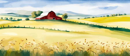 Farm on a hill with yellow or golden wheat field in a watercolor style, agriculture, cultivation, countryside, fieldのイラスト素材