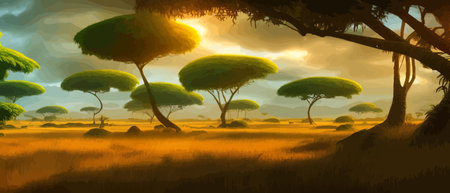 African rainforest. African jungle rainforest panorama with tropical vegetation, exotic fantasy landscape banner vectorのイラスト素材