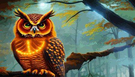 Owl. Realistic bird on dark moon forest background. Dark night background. autumn fairy tale art. Fashion templateのイラスト素材