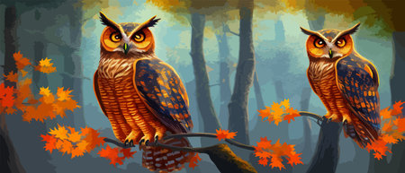 Owl. Realistic bird on dark moon forest background. Dark night background. autumn fairy tale art. Fashion templateのイラスト素材
