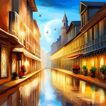Old town street with water channel Stray vinice background, city landscape view, watercolor drawing, Vector illustration.のイラスト素材