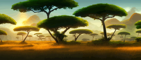 African rainforest. African jungle rainforest panorama with tropical vegetation, exotic fantasy landscape banner vectorのイラスト素材