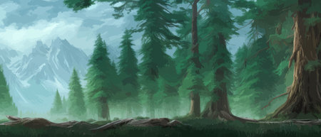 Landscape in scandinavian arctic forest, pine trees and snowy sunset, matte painting vector illustrationのイラスト素材