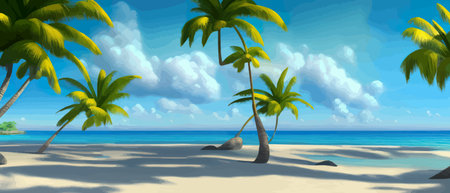 Stunning tropical beach with crystal clear water, palm trees, and blue sky, with copy space. Summer landscapeのイラスト素材