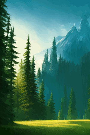 Landscape in scandinavian arctic forest, pine trees and snowy sunset, matte painting vector illustrationのイラスト素材